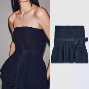 Zara NWT navy blue knit sweater peplum bow tie strapless tube bandeau top